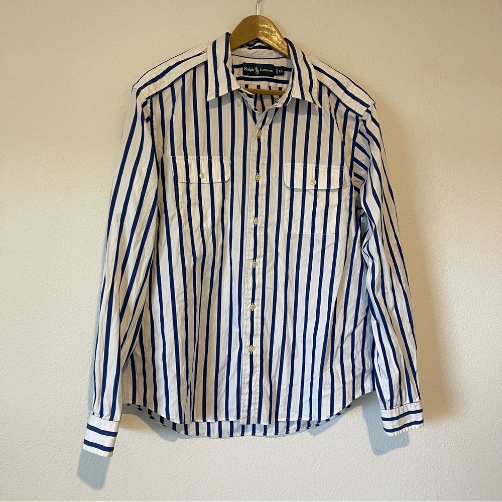 Ralph Lauren Button Down Shirt Mens XL White Stripe Epaulettes Military Vintage